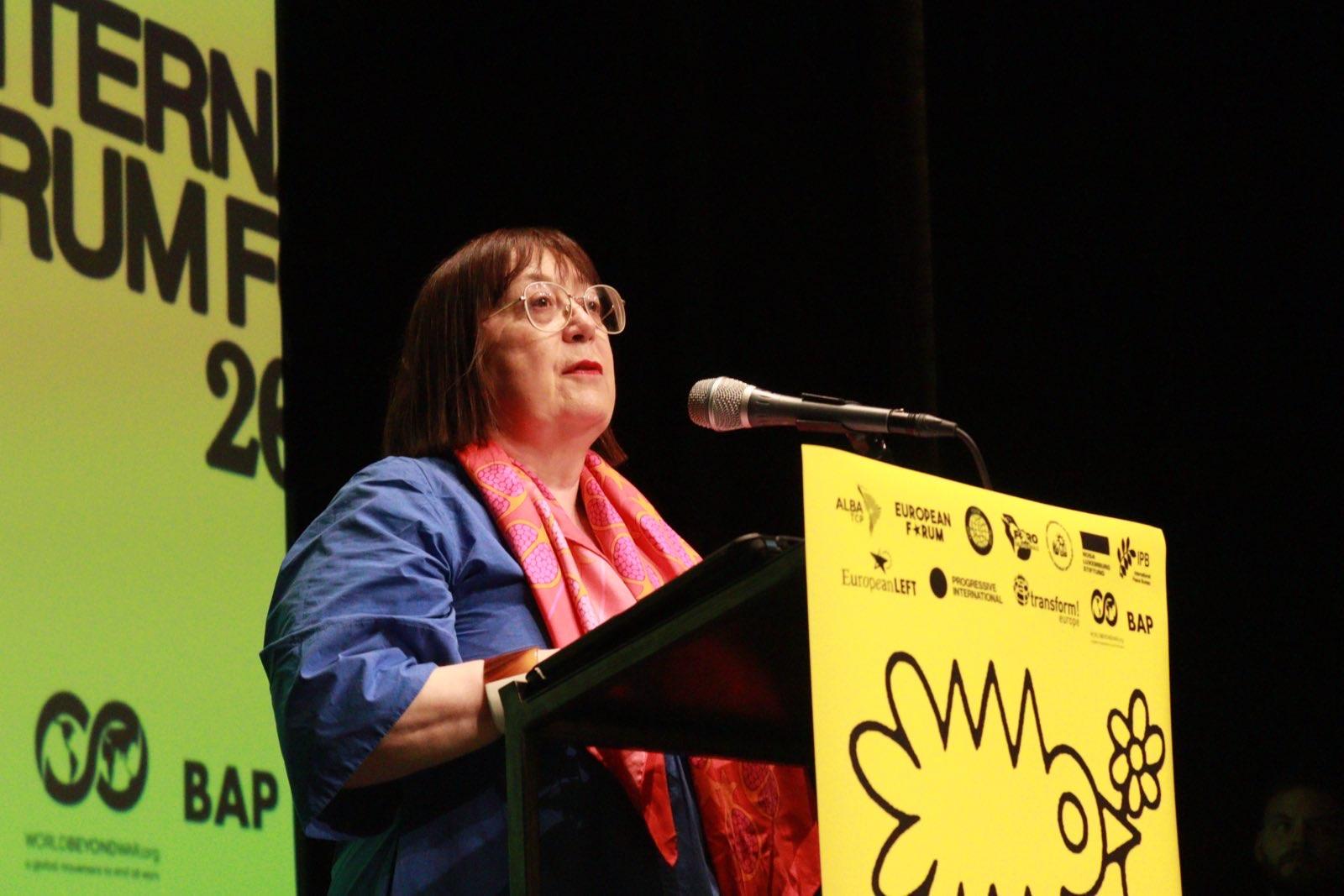 Esther Lynch speaking at the International Forum for Peace 2025