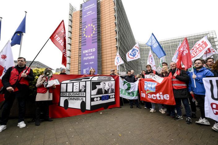 Trade unions protest against the Omnibus deregulation drive outside the headquarters of the European Commission