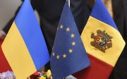 EU flag with Ukraine and Moldovan flags 